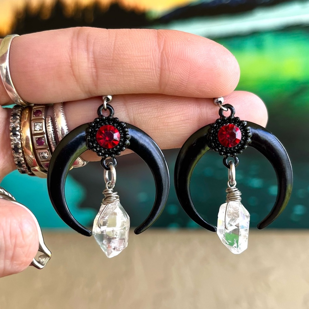 Herkimer diamonds crystals lunula moon charm earrings stainless steel post goth